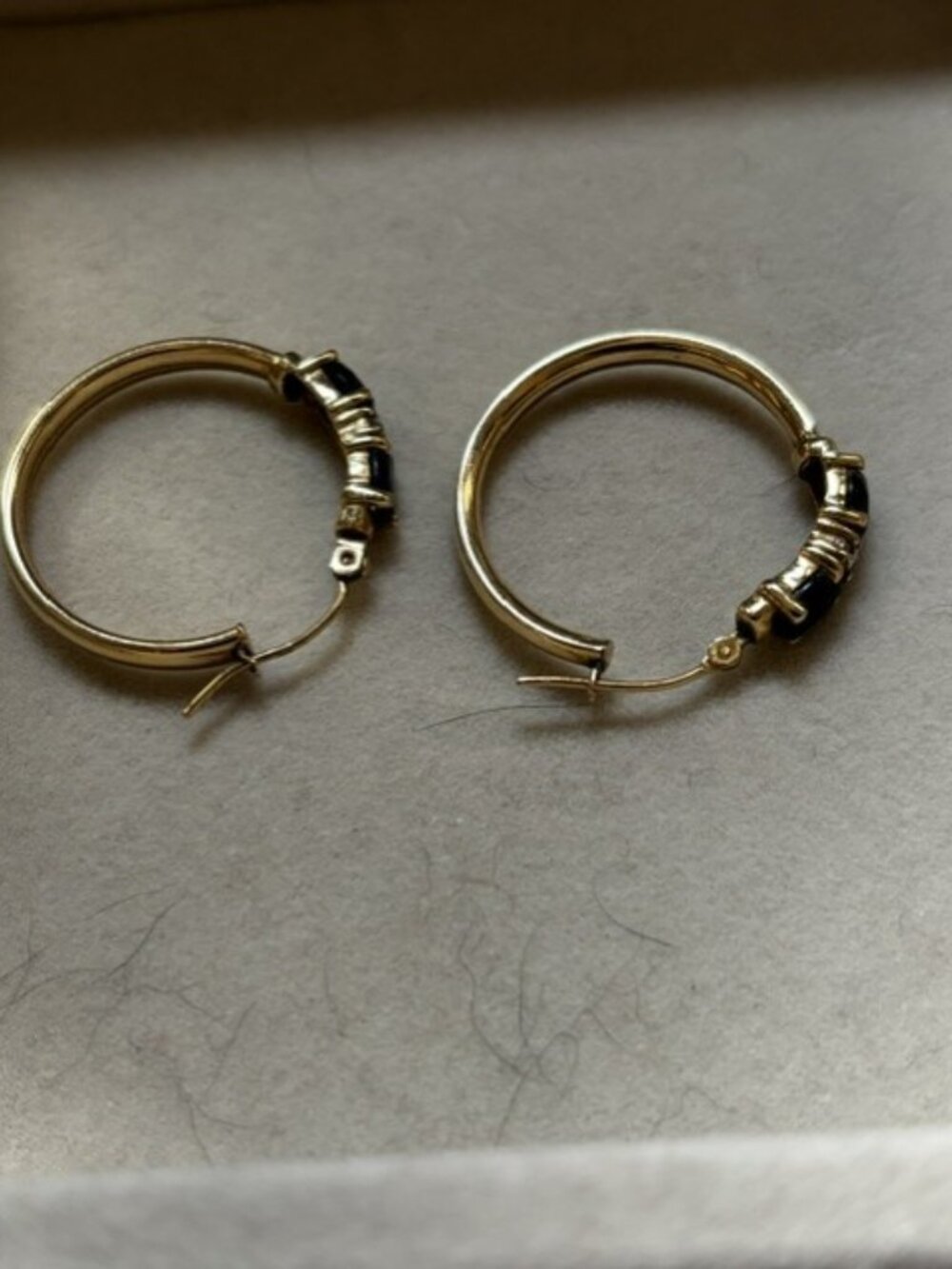 14k Gold and Black Onyx and Accent Diamond Hoop Earrings - Picture 2 of 5